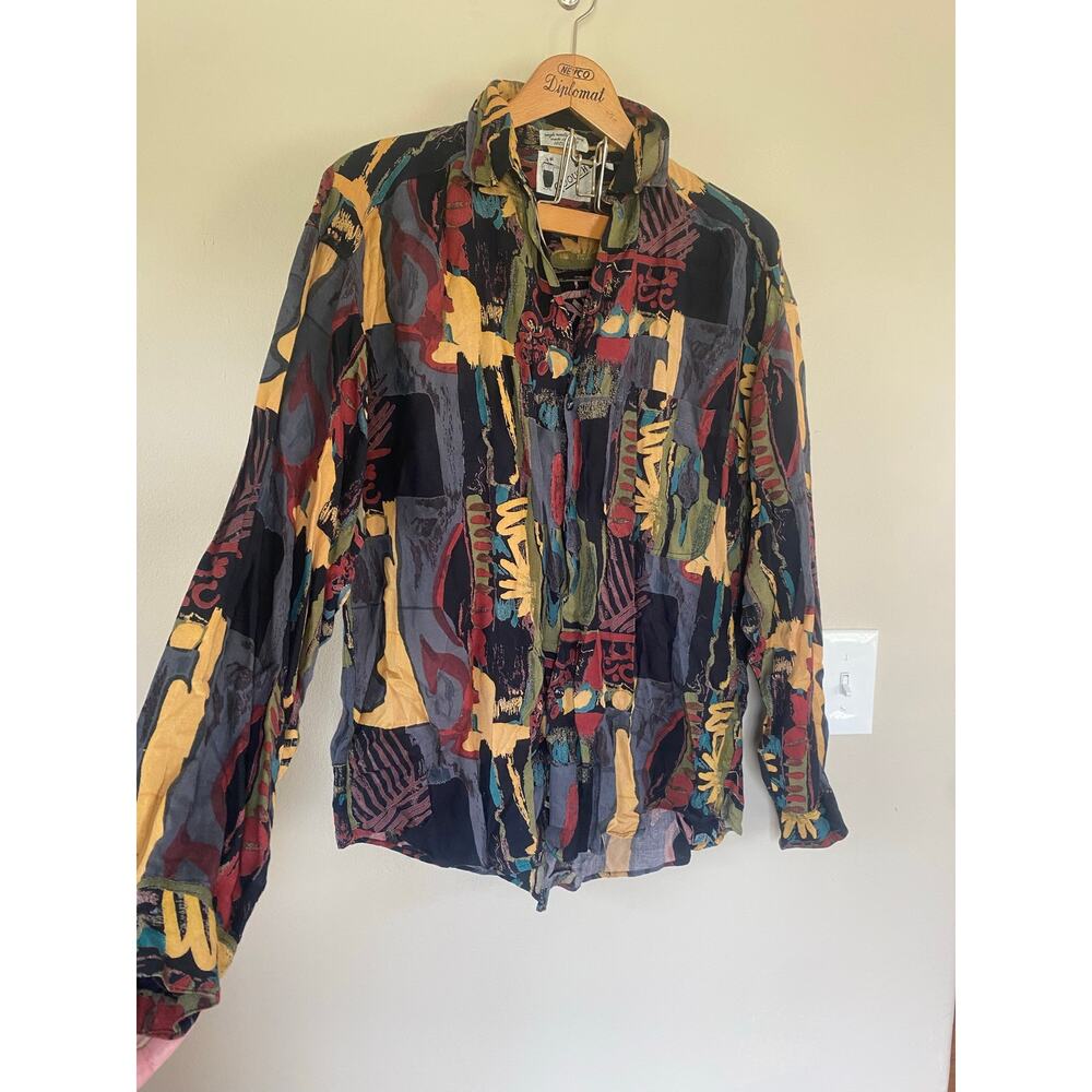Vtg Goouch Mens Long Sleeve Abstract Print Button Down Shirt Colorful Large
